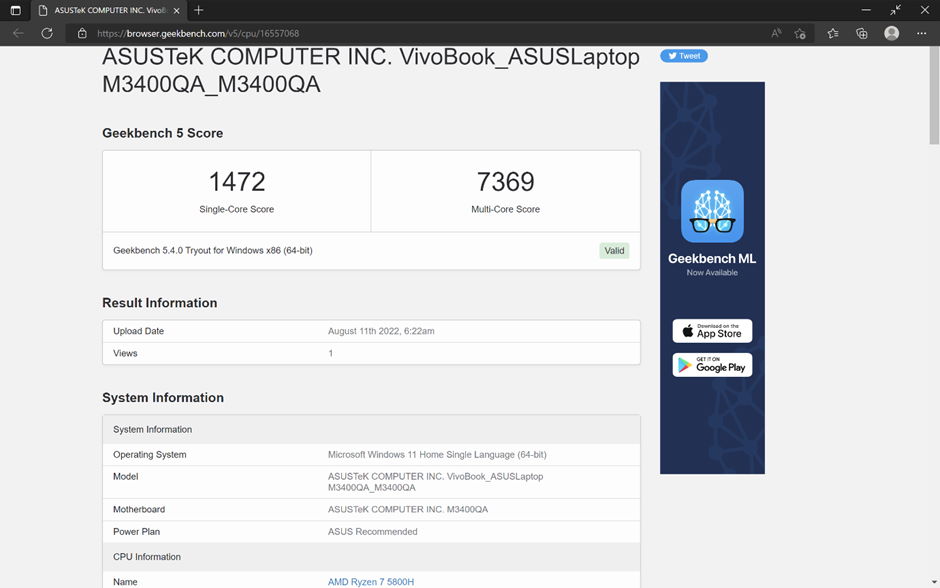 ASUS Vivobook Pro 14 OLED M3400 geekbench